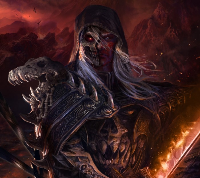 Warrior with skull armor and fiery sword