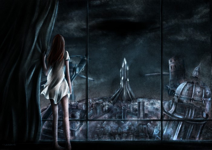 Girl looking out window at futuristic city