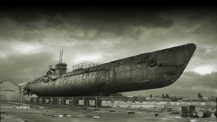 Old submarine on dry dock