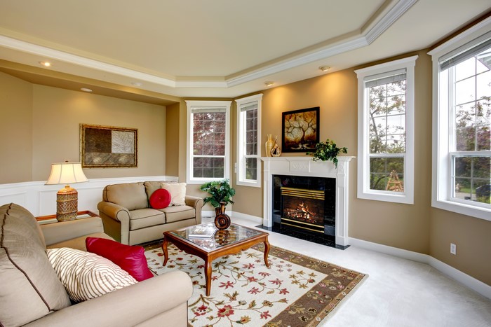 Living room with fireplace, armchair, and coffee table