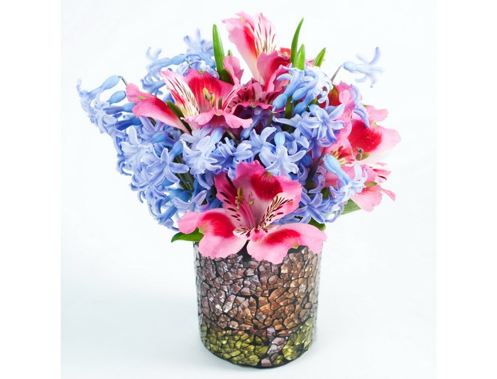 Vibrant Pink Alstroemeria and Blue Hyacinths in Vase
