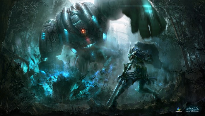 Warrior battles giant robot in Shaiya Iron Invasion