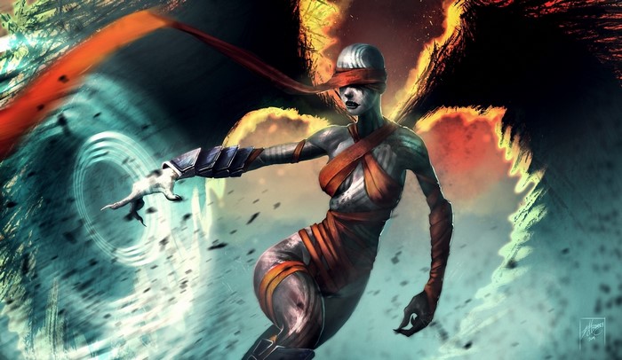 Blindfolded angel with orange ribbons and dark wings
