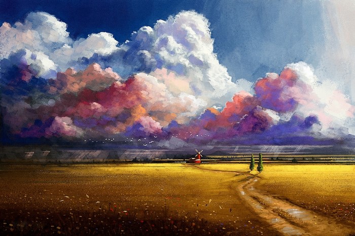 Painting of a field with a windmill and dramatic clouds
