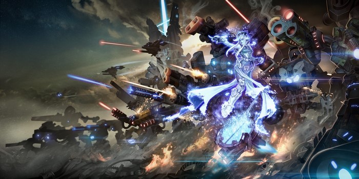 Fantasy battle with robots and magic user