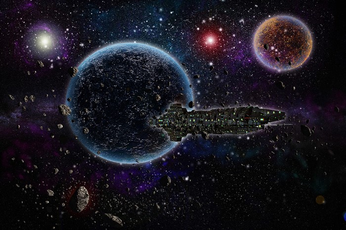 Spaceship near planets and asteroids in a galaxy
