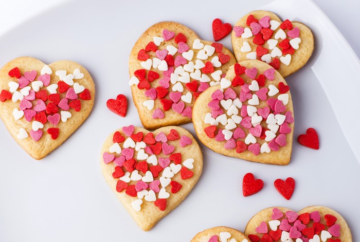 Heart-shaped cookies with sprinkles