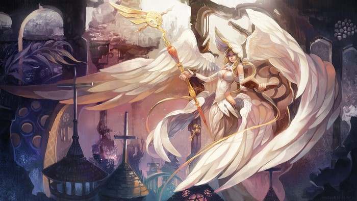 Angel with Wings and Mage Staff in City