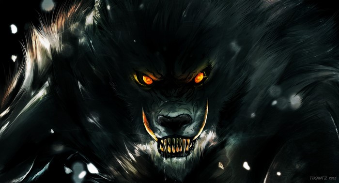 Close-up of a menacing werewolf with glowing eyes