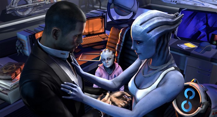 Liara and Shepard from Mass Effect with child