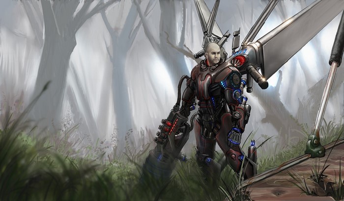 Man in futuristic armor with mechanical wings in a foggy forest