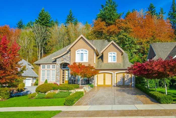 Luxury house with autumn trees and landscaping