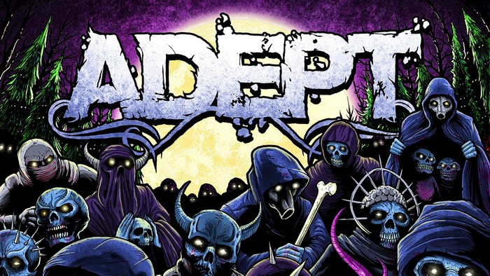 Adept band logo with skulls and hooded figures