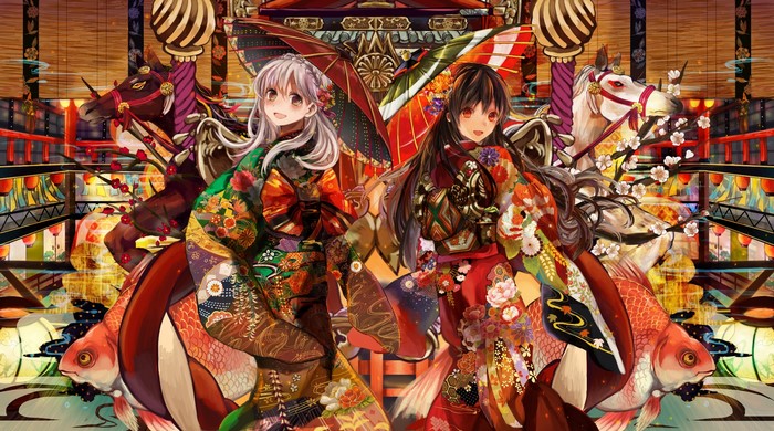 Two girls in kimonos with umbrellas and horses