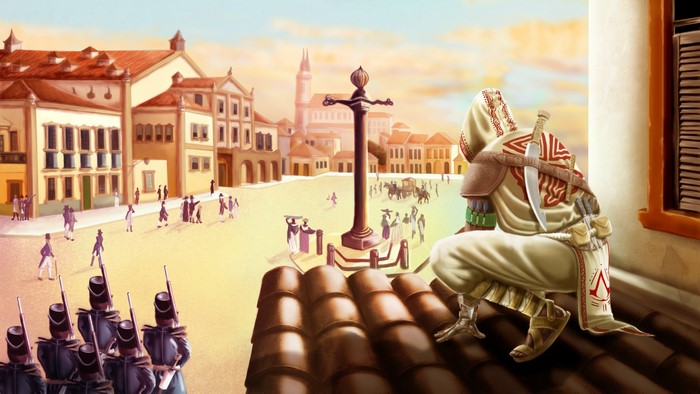 Assassin from Assassin's Creed overlooking a Brazilian town square
