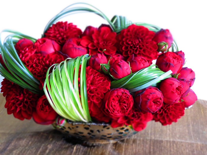 Red Roses and Dahlias Flower Arrangement