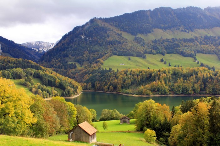 Montsalvens Lake and Mountains in Switzerland