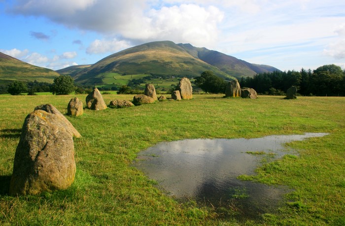 Standing stones in a grassy field in the Lake District