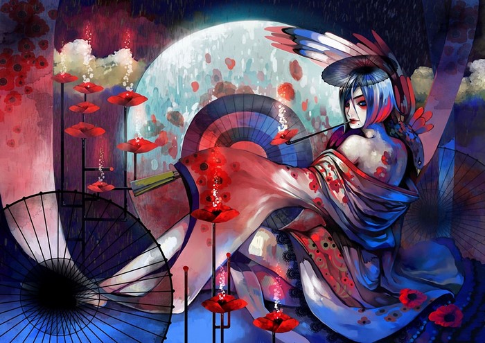 Woman in Kimono with Poppies and Umbrellas