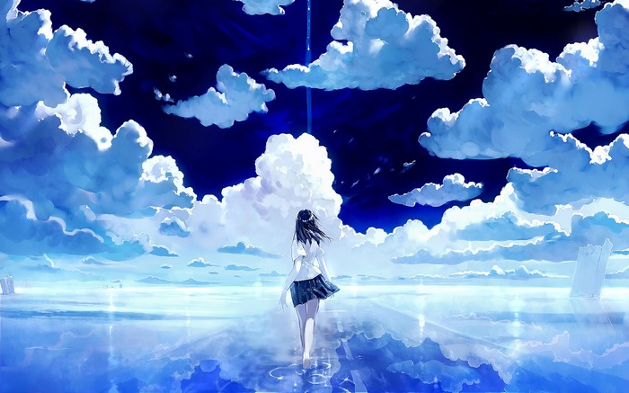 Girl walking on water under a cloudy sky