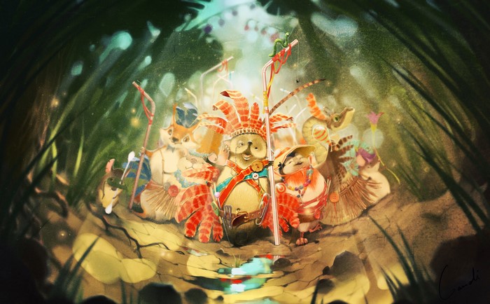 Magical animals in a forest clearing