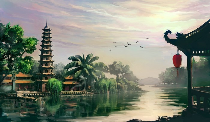 Painting of a pagoda by a river with birds and a lantern