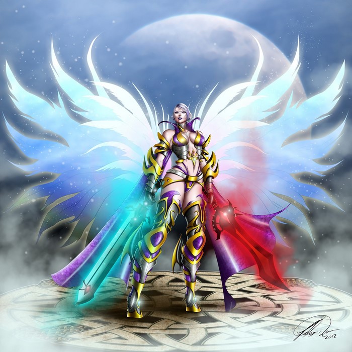 Angel warrior with dual swords and large wings