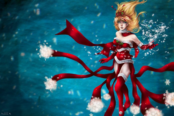 Christmas Girl with Red Ribbons and Snow Magic