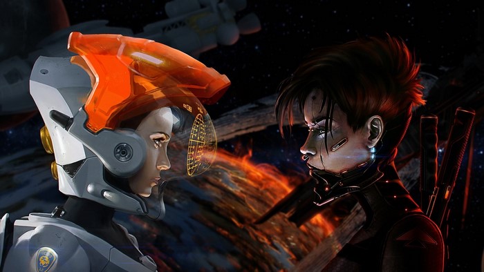 Two female warriors facing each other in space