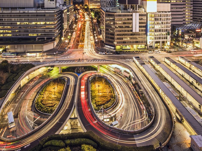 Night traffic in a Japanese city with light trails