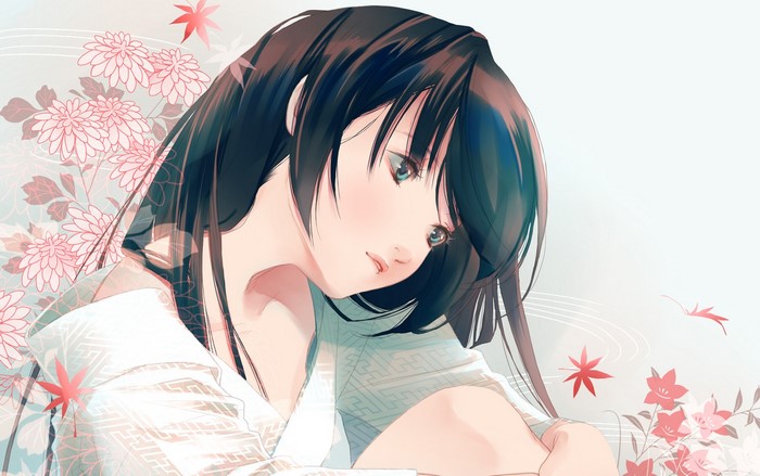 Brunette girl in kimono with flowers