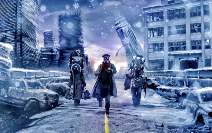 Romantically Apocalyptic survivors in a snowy, ruined city