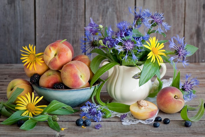 Still-life with Peaches, Blackberries, and Cornflowers