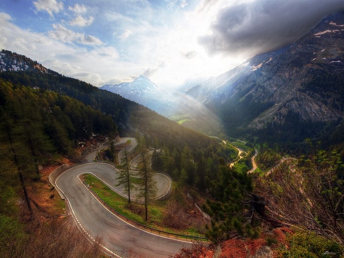 Winding mountain road in Maloja, Switzerland
