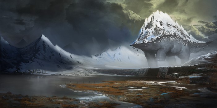 Fantastic world monster in snowy mountains