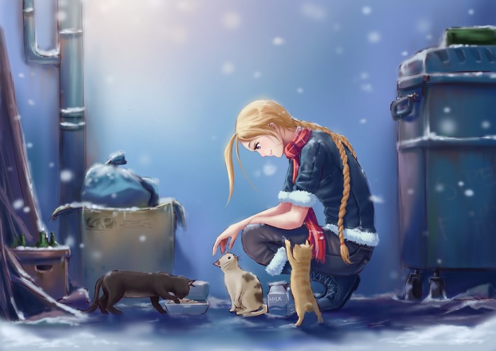 Cammy from Street Fighter feeding cats in the snow