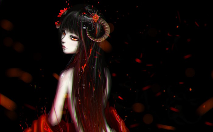 Demon Girl with Horns and Red Flowers