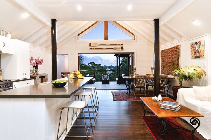 Open-plan kitchen and living area with a view