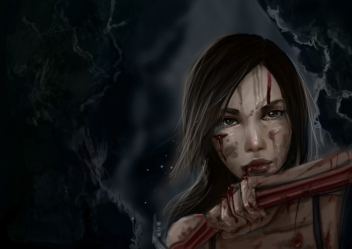 Lara Croft from Tomb Raider covered in blood