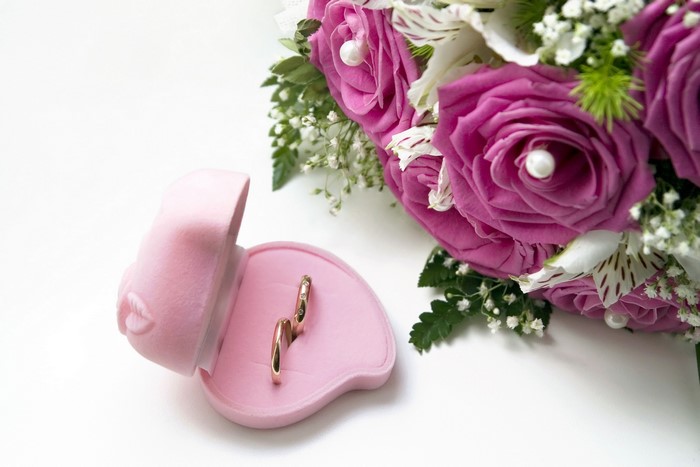 Wedding Rings in a Heart-Shaped Box with Roses