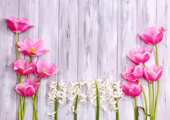Pink Tulips and White Hyacinths on Wooden Background