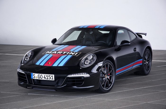 Black Porsche 911 Carrera S with Martini Racing livery