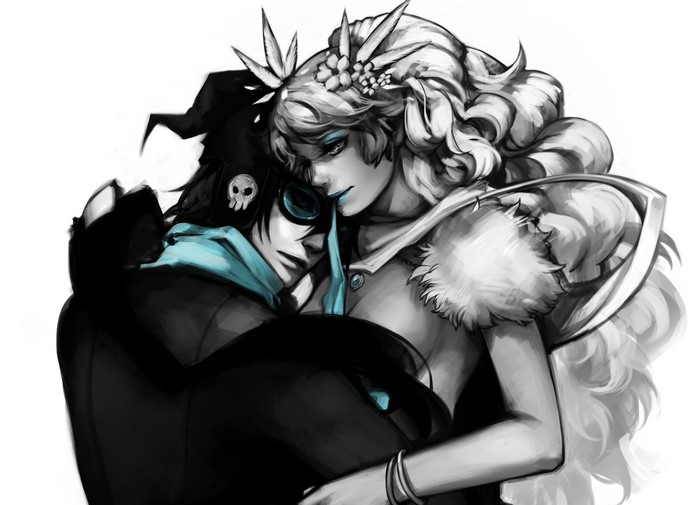 Two characters hugging