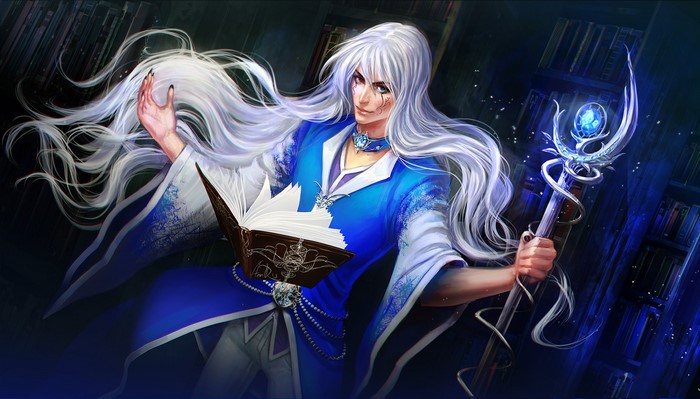 Man with white hair holding a book and a mage staff