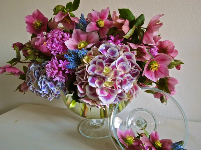 Bouquet of Hellebores, Hyacinths, and Hydrangeas in a Vase