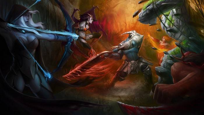 Dota 2: Drow Ranger, Queen of Pain, Sven, Lina, and Tiny Battle
