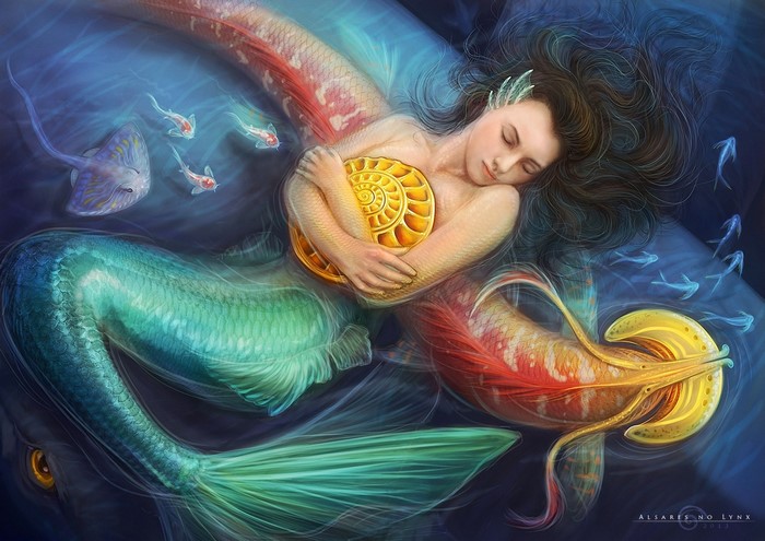 Mermaid sleeping with a shell and fish