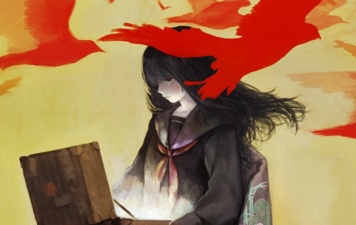 Girl with black hair and red birds