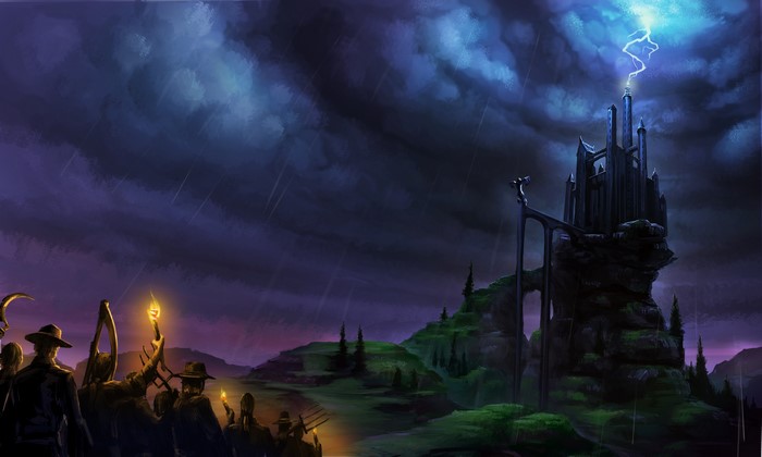 Castle struck by lightning during a storm with people holding torches