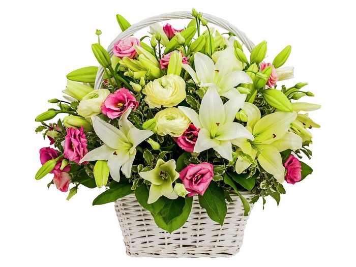 Flower basket with lilies, roses, and ranunculus